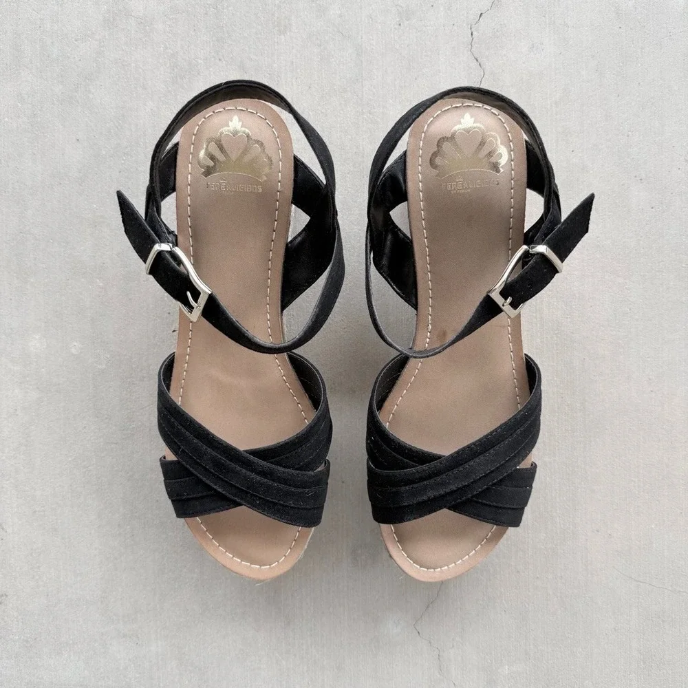 Fergalicious Pounce Black Espadrille Platform Wedge Sandals Womens Size 9M